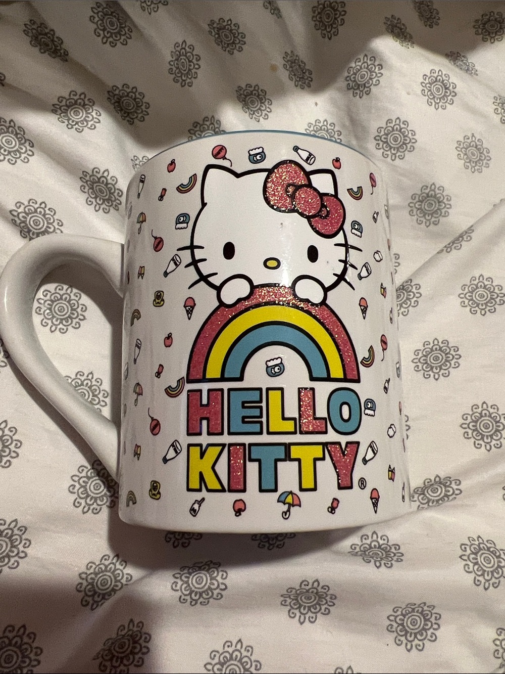 Hello Kitty Pink Glitter Bow Rainbow Accent Mug 14 0z no tag